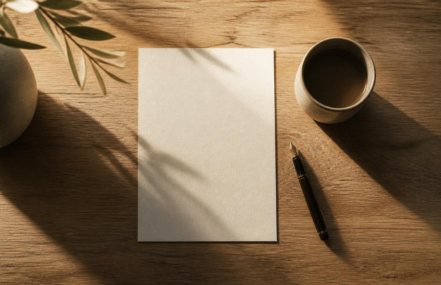 A single sheet of paper, a fountain pen, and a ceramic cup in warm side light